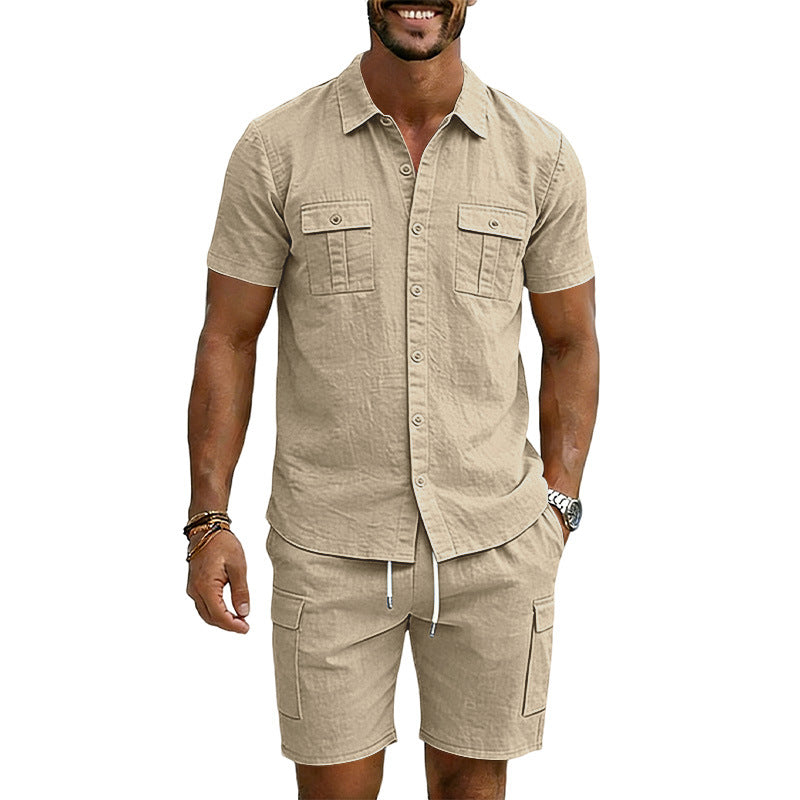 Men's Lapel Shirt And Multi-Pocket Shorts Set