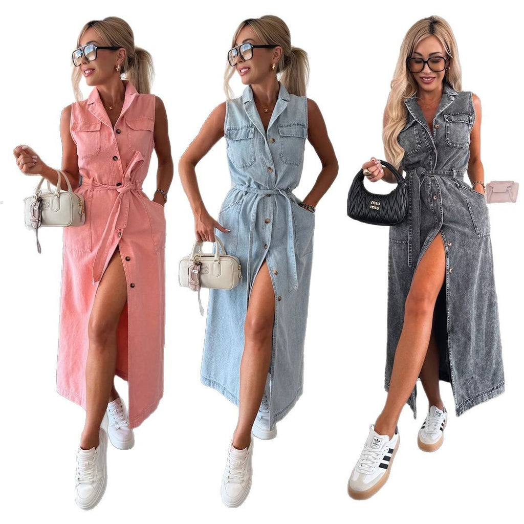 Rochie de blugi fără mâneci cu talie tip cordon