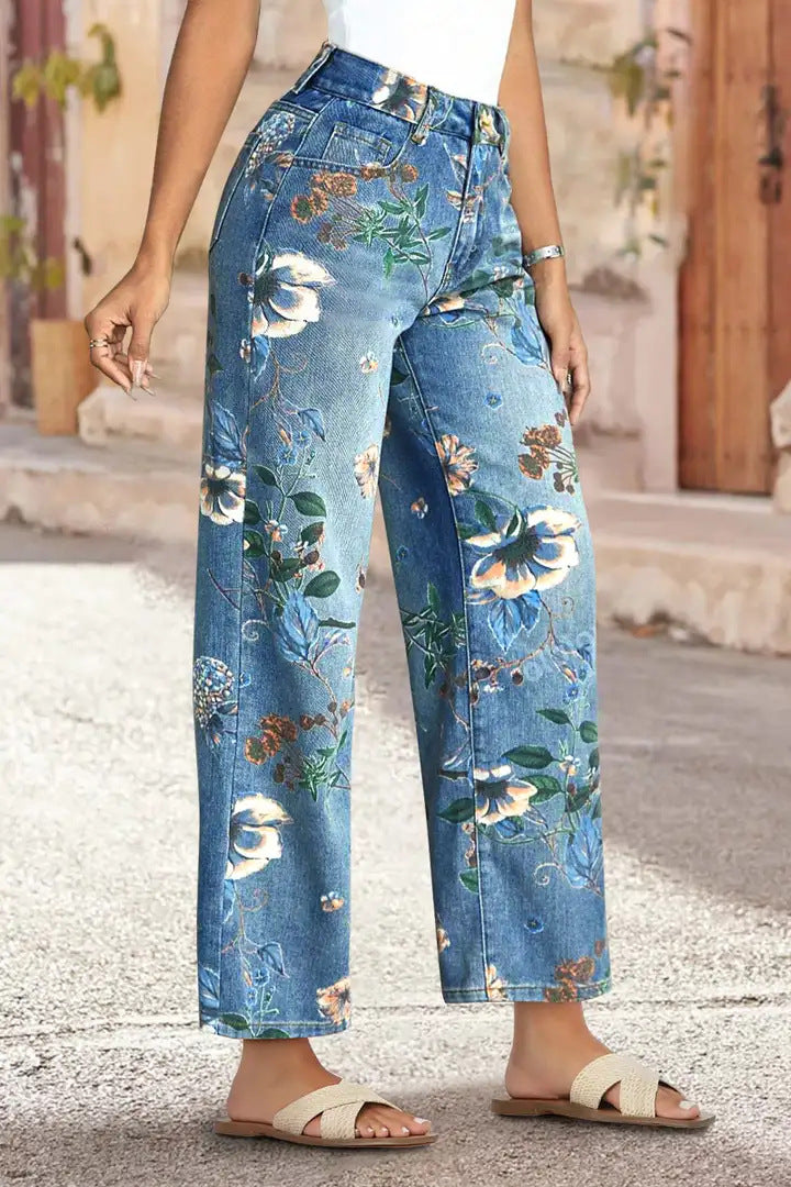 Blugi cu talie înaltă, croială dreaptă, cu imprimeu floral vintage