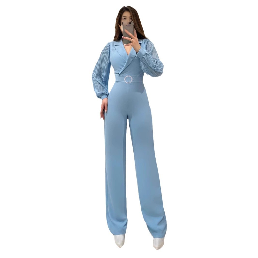 Fitted Jumpsuit With Pleated Long Sleeves And A Blazer Collar