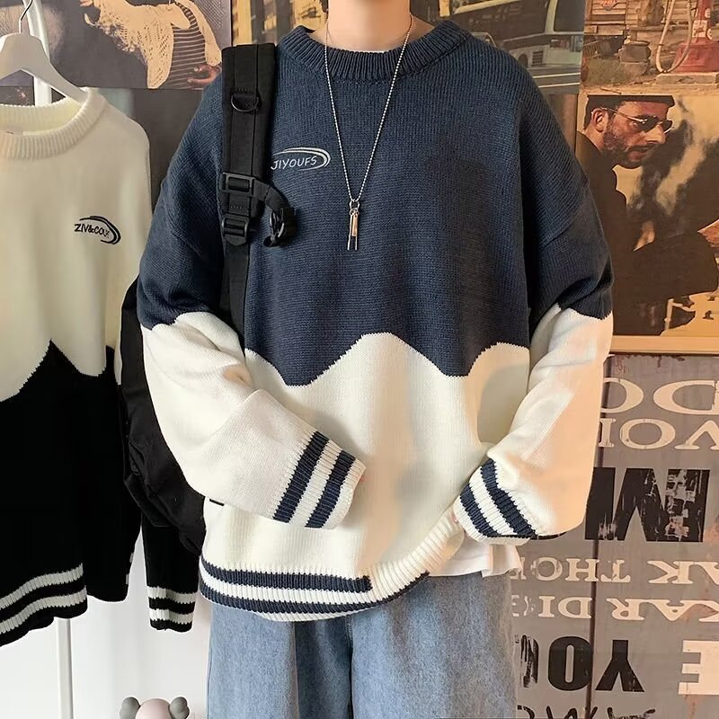 Color Blocked Autumnwinter Crewneck Sweater For Men