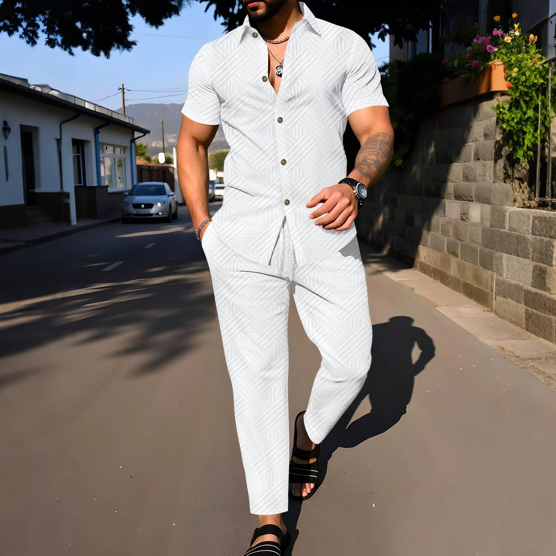 Costum bărbătesc de vară, uni, cu revere, din jacard