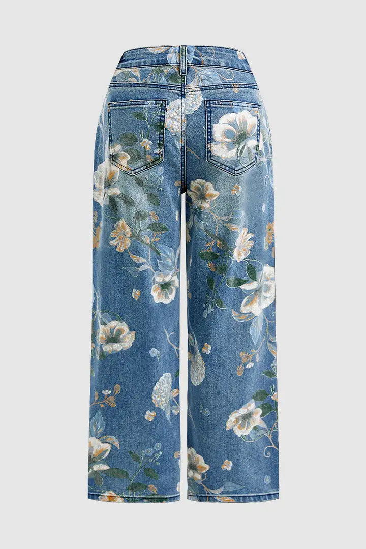 Blugi cu talie înaltă, croială dreaptă, cu imprimeu floral vintage