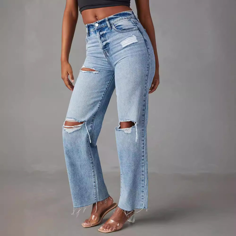 Blugi din denim rupți, cu tiv nefinisat, spălați, casual, pentru femei, cu picior drept