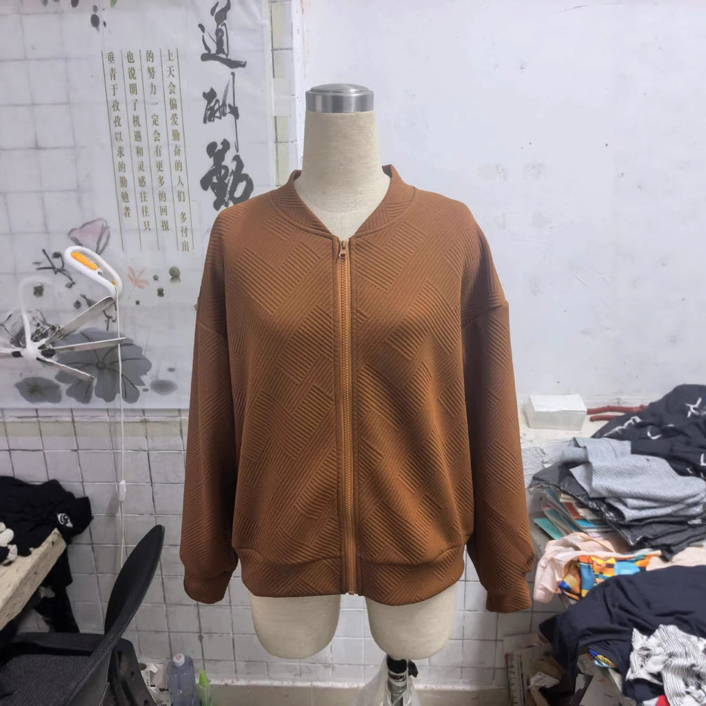 Womens Textured Zip-Up Bomber Jacket Casual Outerwear