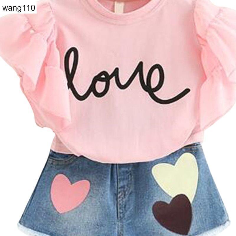 Set haine vară fete 2 piese Tricou și pantaloni cu găuri