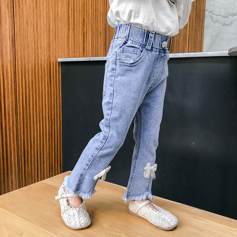 Versiunea coreeană a hainelor pentru copii Fete Pantaloni evazați Fetițe cu fundă blugi elastici la modă