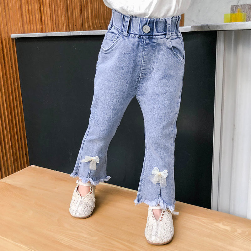 Versiunea coreeană a hainelor pentru copii Fete Pantaloni evazați Fetițe cu fundă blugi elastici la modă