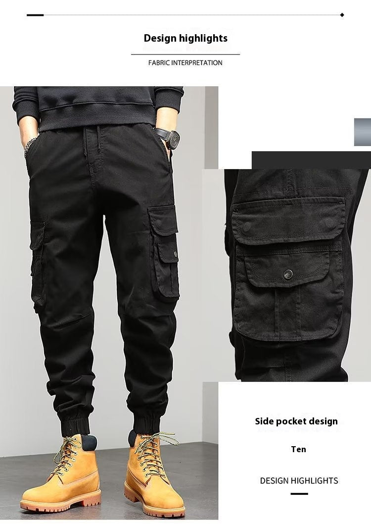 Pantaloni bărbați Cropped Tooling Primăvară și Toamnă, Lejeri Casual, cu manșetă la gleznă, cu multiple buzunare
