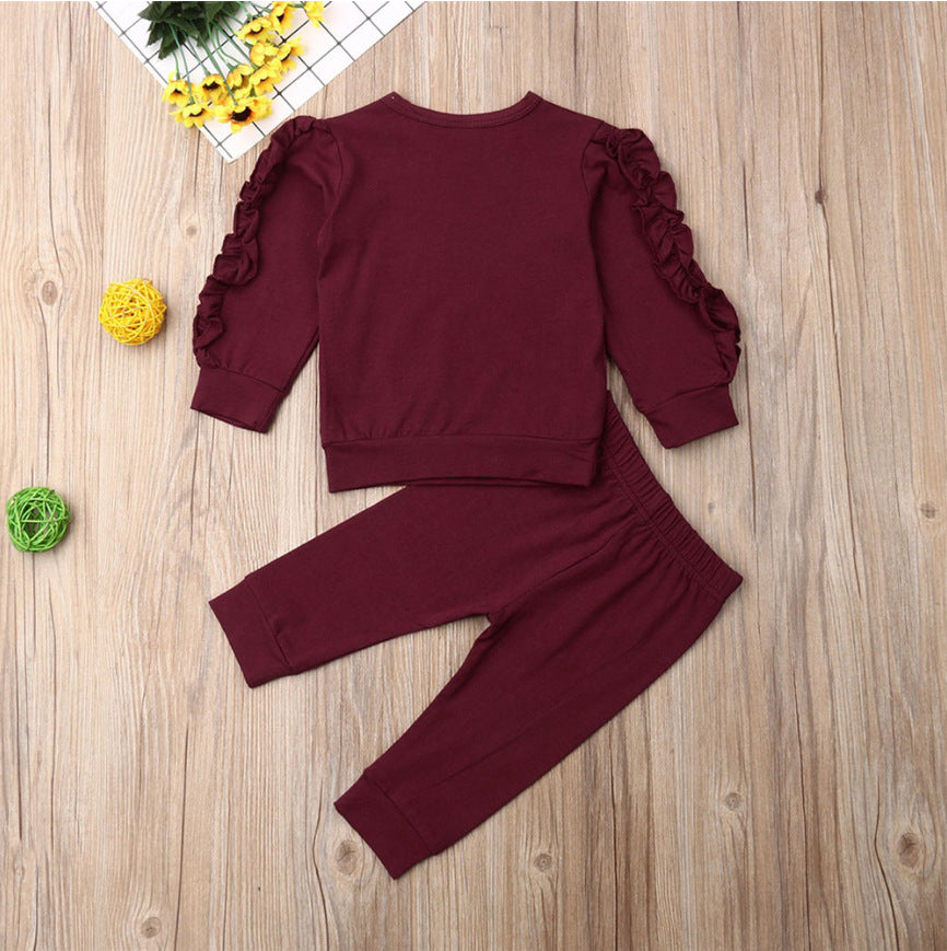 Set haine bebeluși nou-născuți, fete și băieți, cu volane, pulover uni, cu mânecă lungă, pantaloni, 2 piese, haine de toamnă pentru sugari