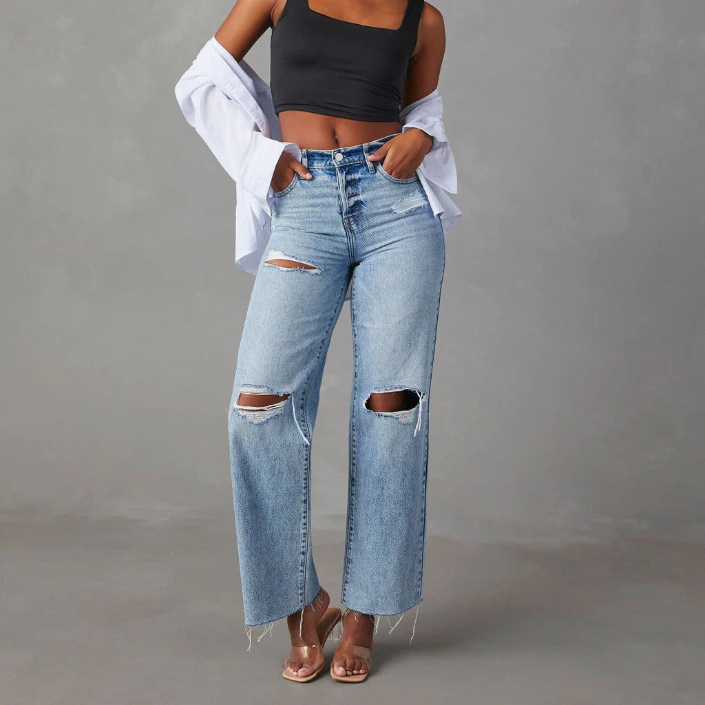 Blugi din denim rupți, cu tiv nefinisat, spălați, casual, pentru femei, cu picior drept