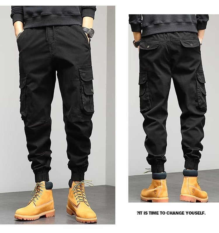 Pantaloni bărbați Cropped Tooling Primăvară și Toamnă, Lejeri Casual, cu manșetă la gleznă, cu multiple buzunare