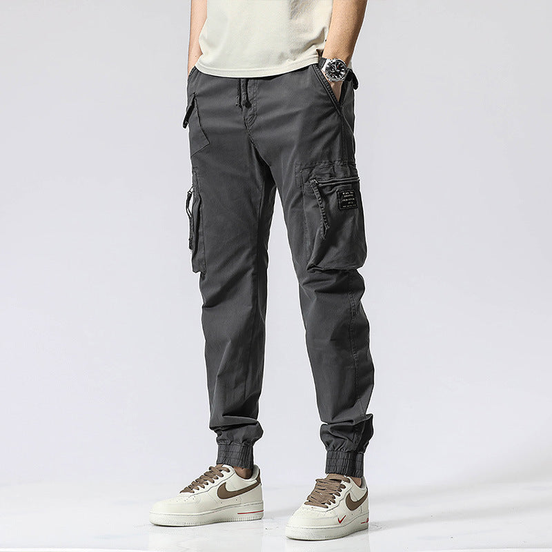 Pantaloni casual, marca la modă, cu talie elastică, pentru bărbați tineri, simpli, din bumbac pur, cu multiple buzunare, pantaloni de lucru, cu șiret la gleznă