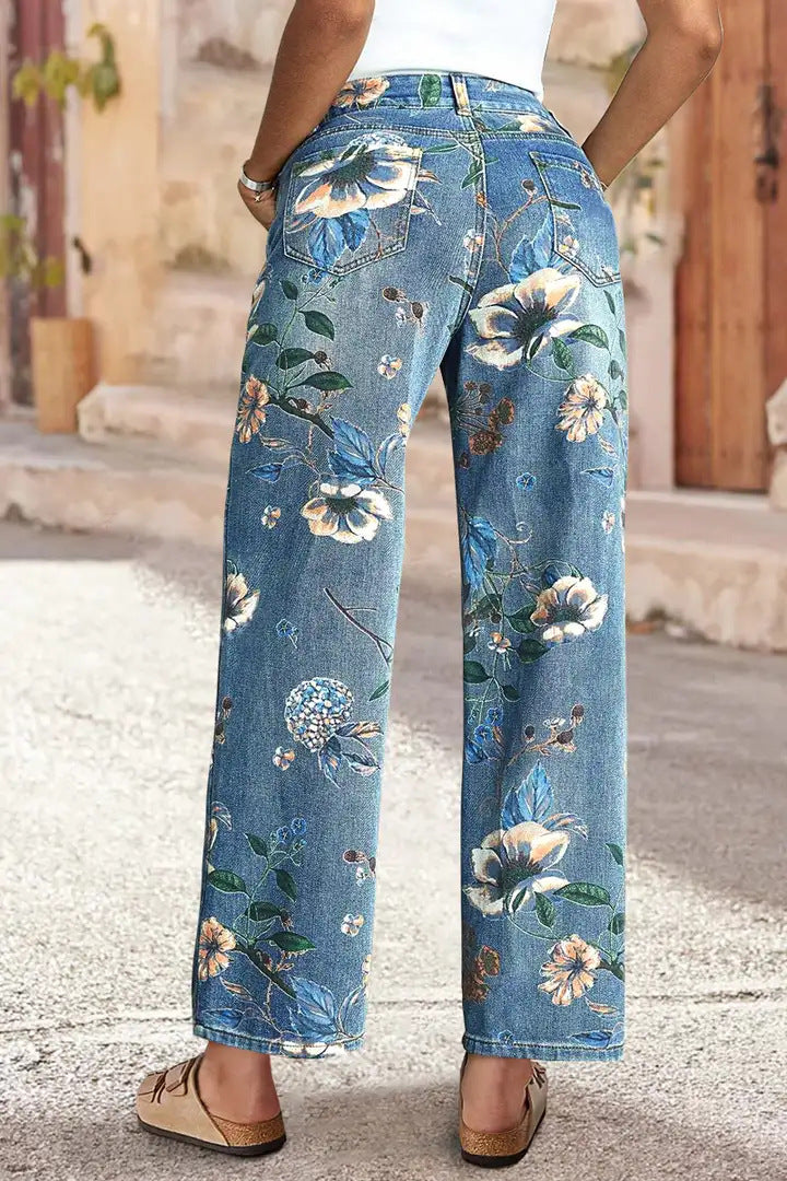 Blugi cu talie înaltă, croială dreaptă, cu imprimeu floral vintage