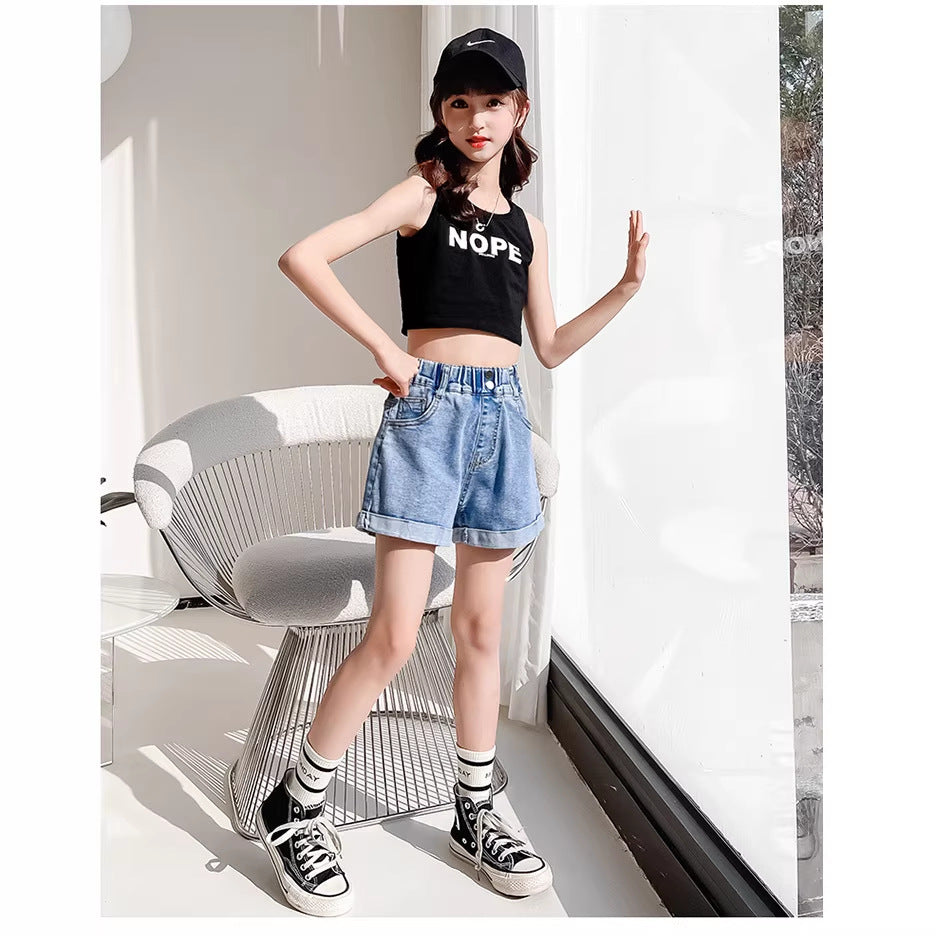 Girls' Simple Denim Shorts Casual Loose-Fitting