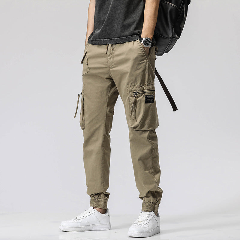 Pantaloni casual, marca la modă, cu talie elastică, pentru bărbați tineri, simpli, din bumbac pur, cu multiple buzunare, pantaloni de lucru, cu șiret la gleznă