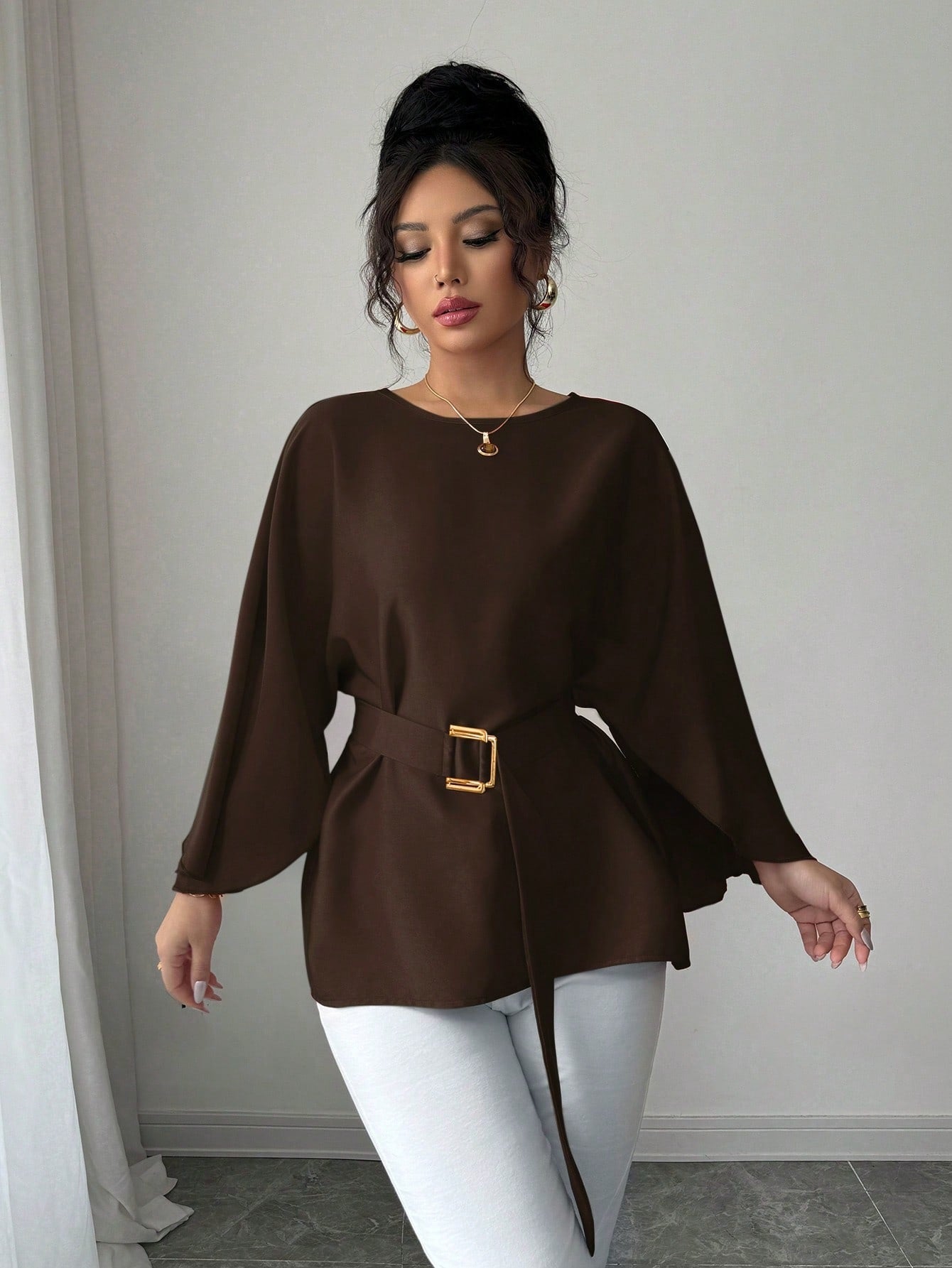 Womens Flared Sleeve Defined Waist Round Neck Lace-Up Slimming Shirt