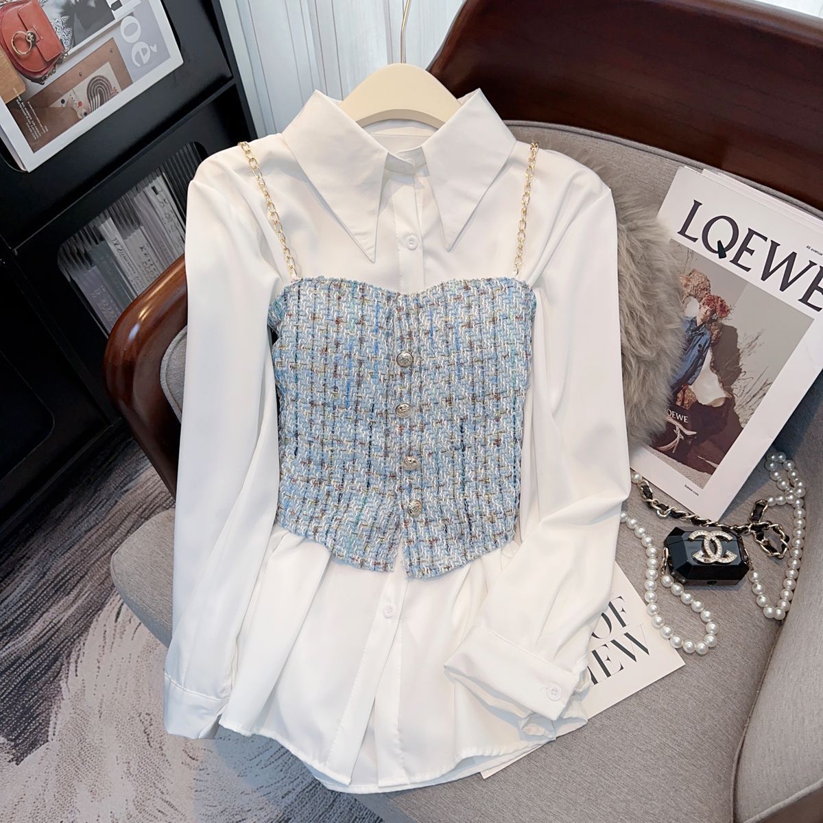 Set deux piese cămașă albă de nișă stil designer