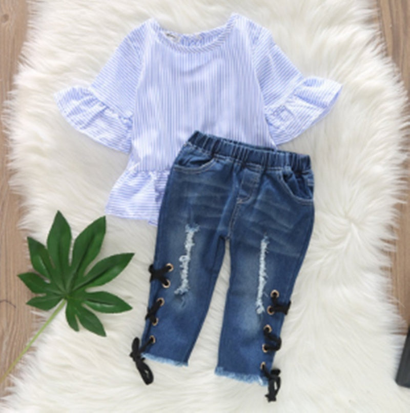 Boutique Fată Blugi Kit la pachet Top rupt cu dungi