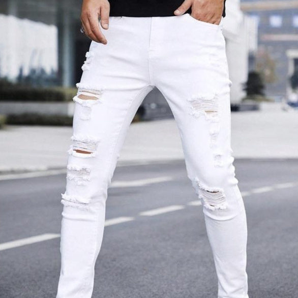 Blugi bărbătești uni, cu manșetă, drepți, casual și confortabili, croială slim