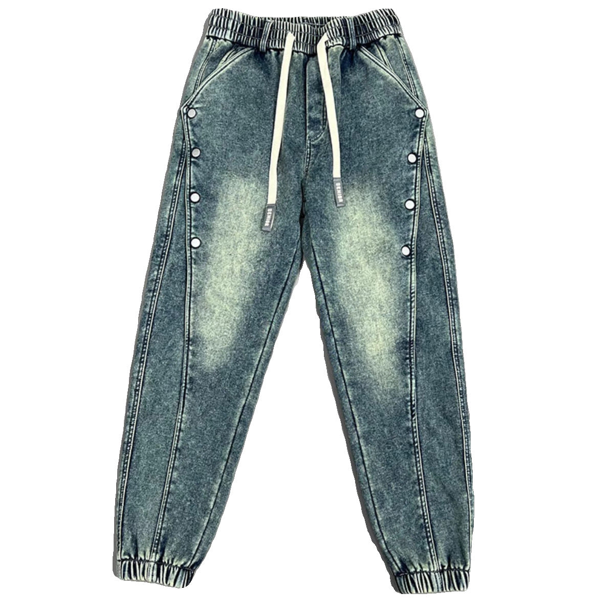 Blugi bărbați din denim spălat, cu design vintage, detalii nasturi și croială conică