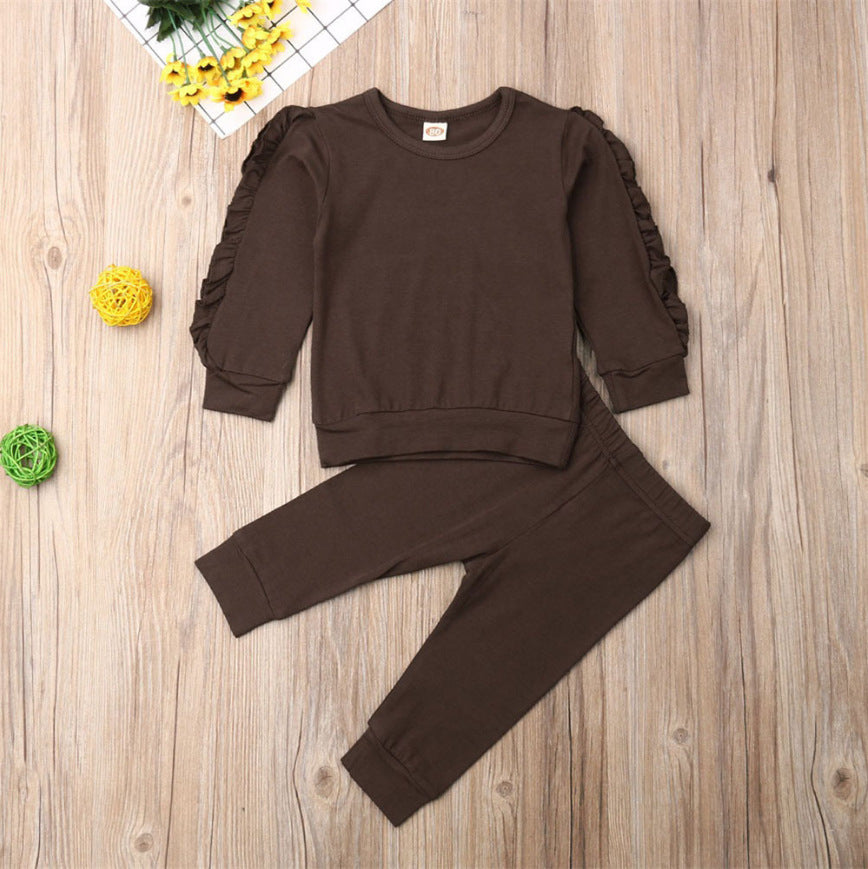 Set haine bebeluși nou-născuți, fete și băieți, cu volane, pulover uni, cu mânecă lungă, pantaloni, 2 piese, haine de toamnă pentru sugari