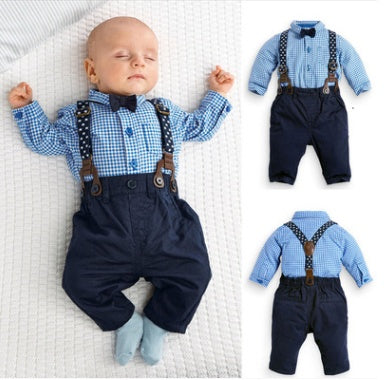 Costum de domn pentru băieți european și american, costum cu salopetă și cămașă în carouri pentru copii