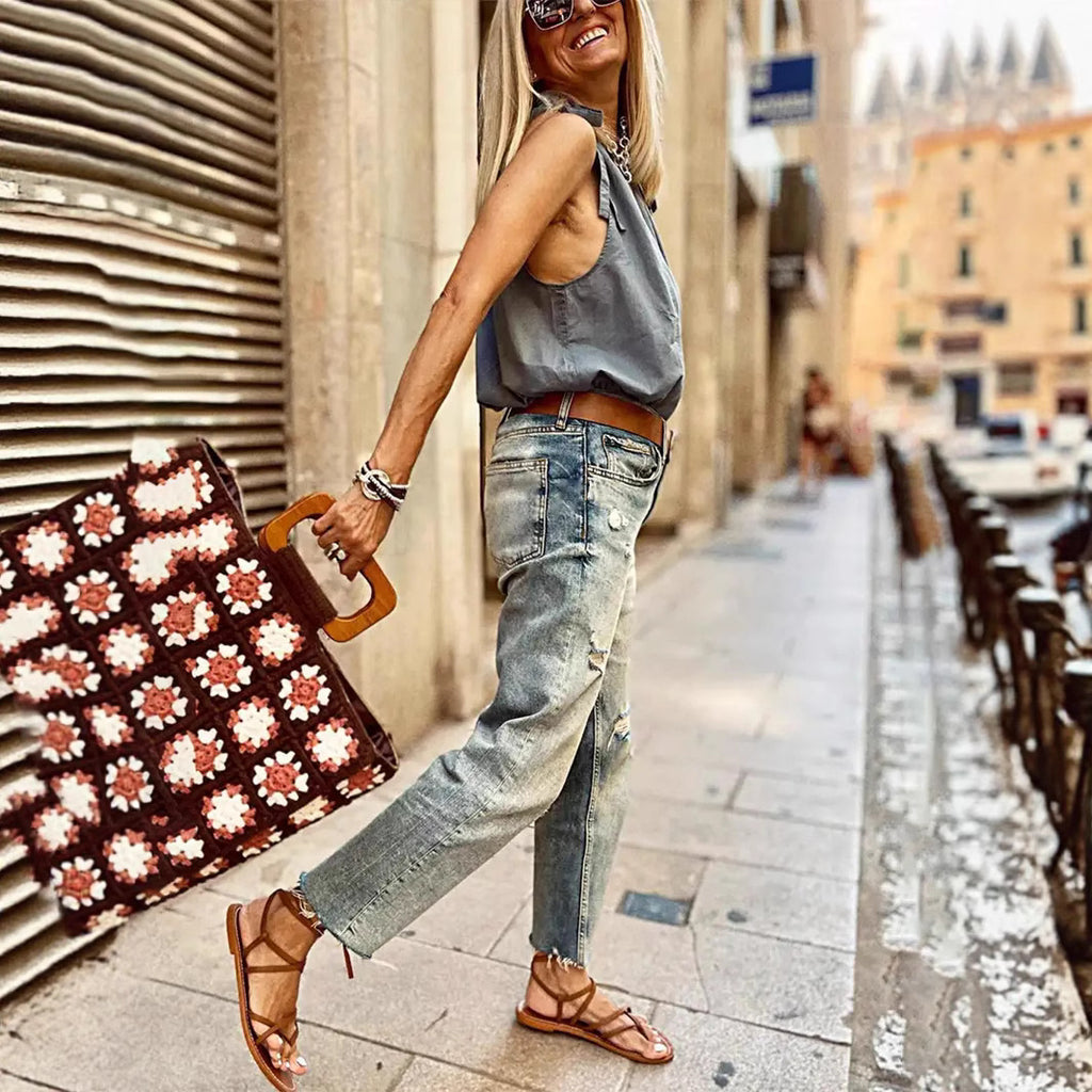 Women's Stretch Denim Loose Straight- Leg Wide-leg Pants