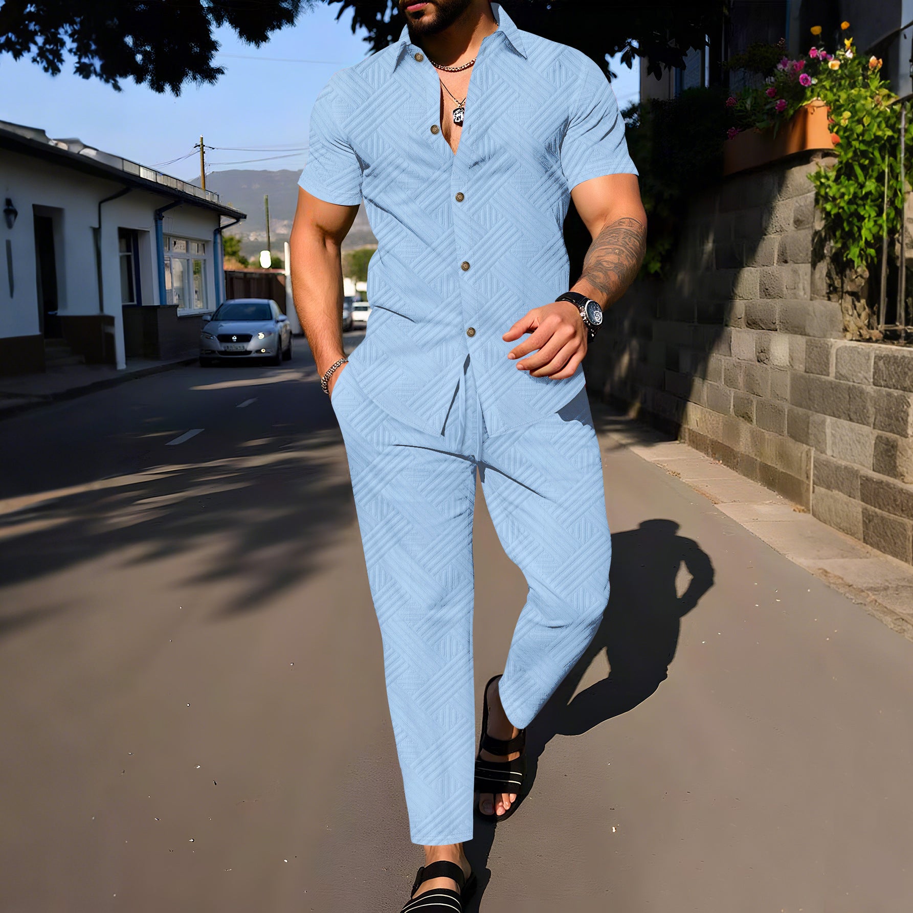 Costum bărbătesc de vară, uni, cu revere, din jacard
