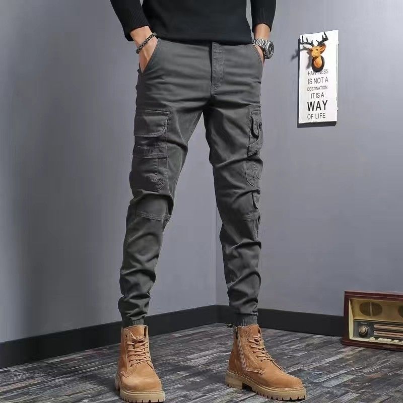 Pantaloni de lucru bărbați, slim fit, din denim elastic, casual, de culoare cafea