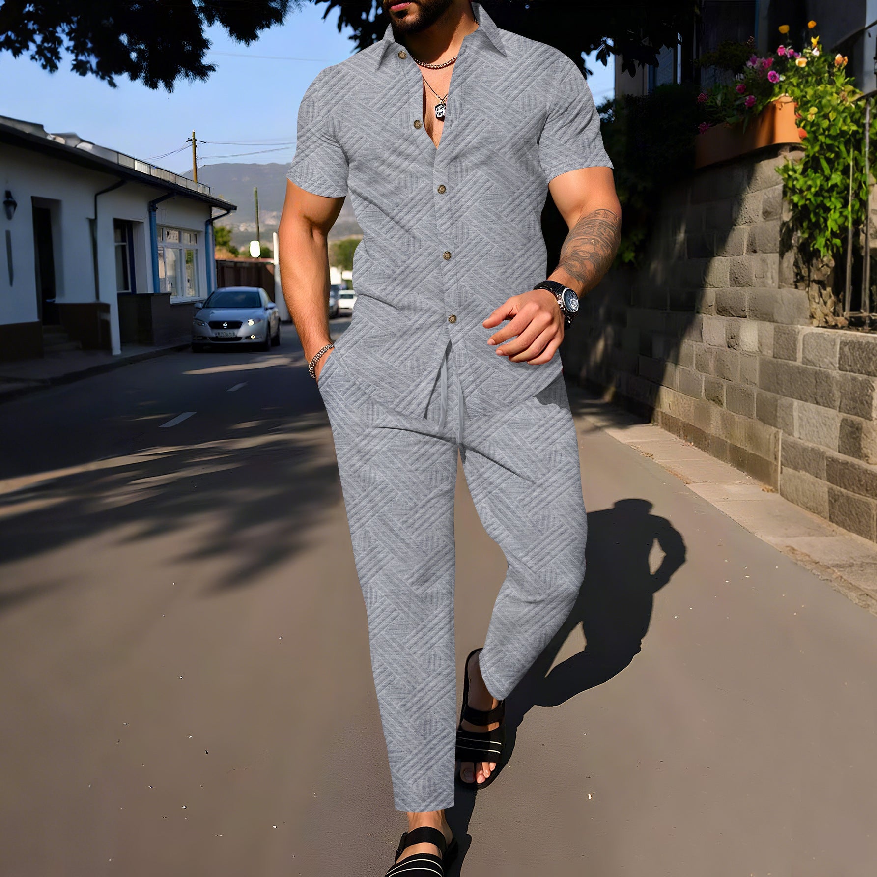 Costum bărbătesc de vară, uni, cu revere, din jacard
