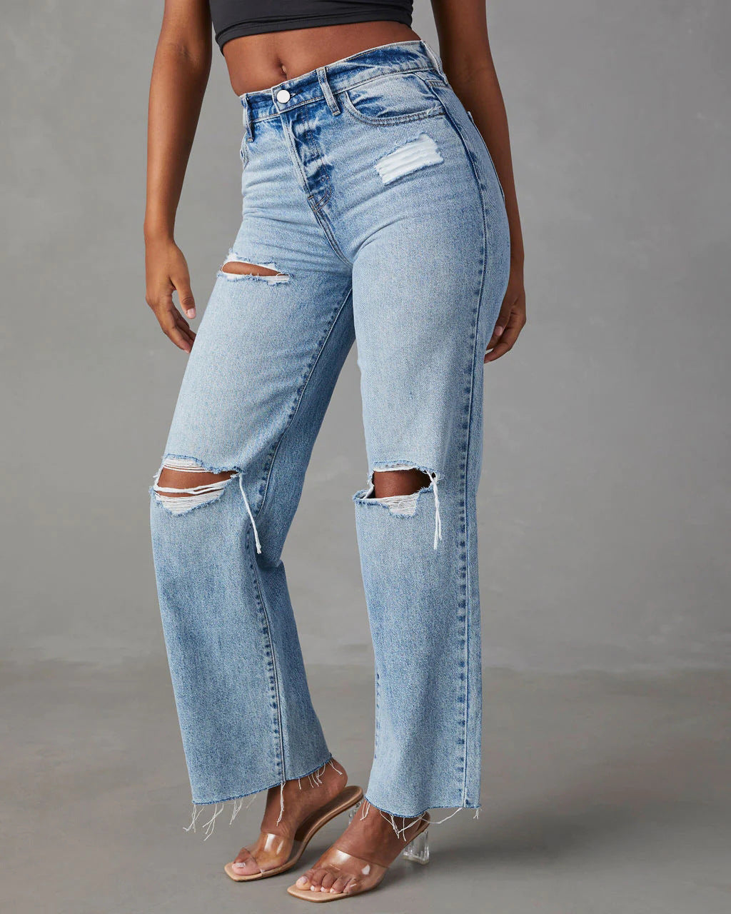 Blugi din denim rupți, cu tiv nefinisat, spălați, casual, pentru femei, cu picior drept