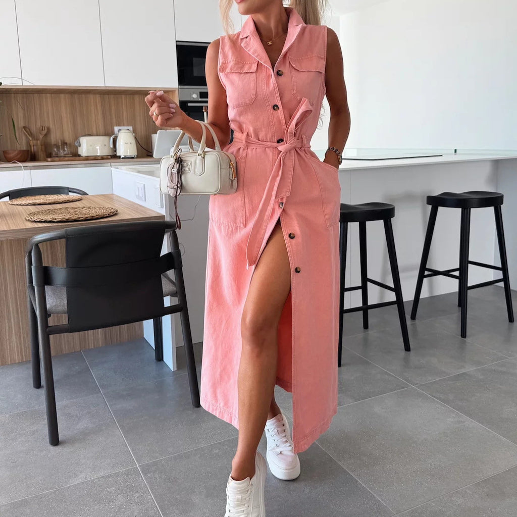 Rochie de blugi fără mâneci cu talie tip cordon
