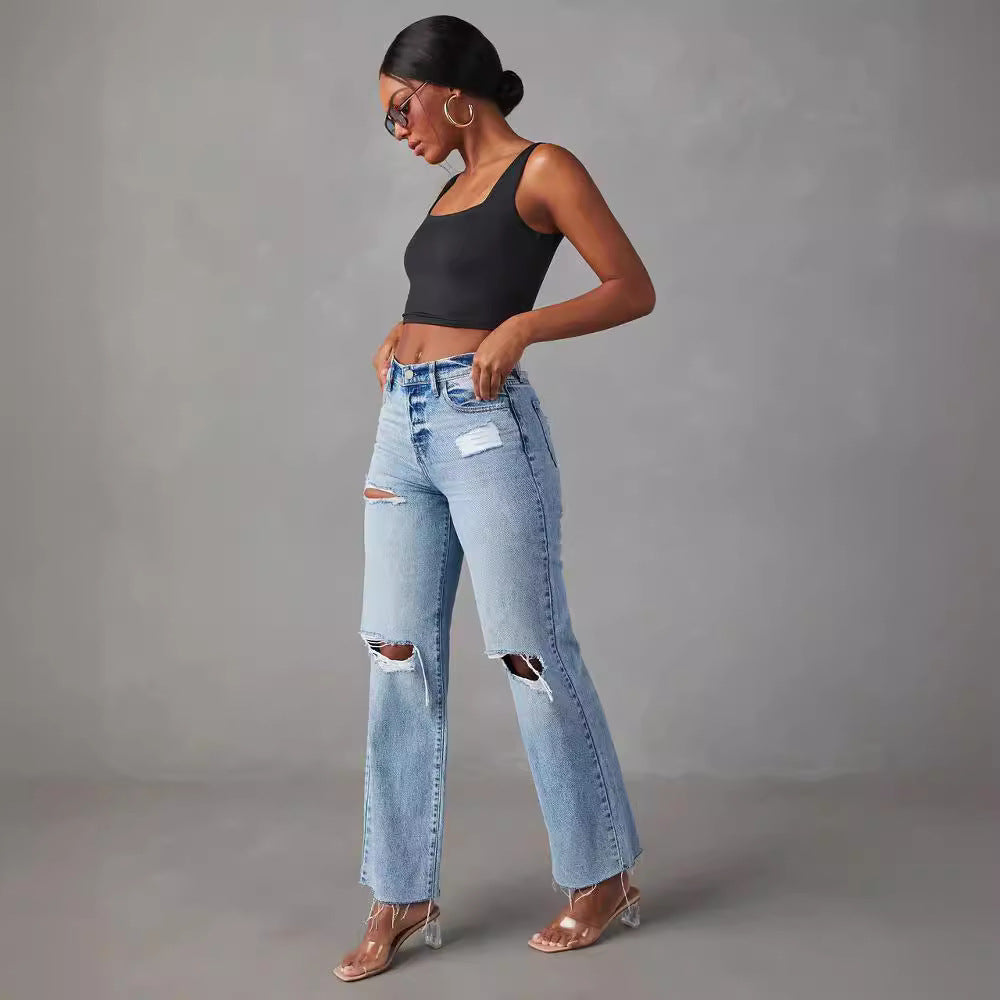 Blugi din denim rupți, cu tiv nefinisat, spălați, casual, pentru femei, cu picior drept