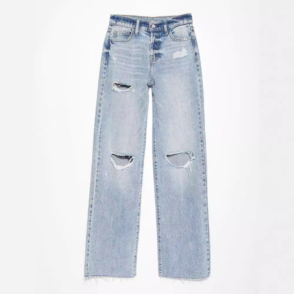 Blugi din denim rupți, cu tiv nefinisat, spălați, casual, pentru femei, cu picior drept