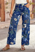 Blugi cu talie înaltă, croială dreaptă, cu imprimeu floral vintage