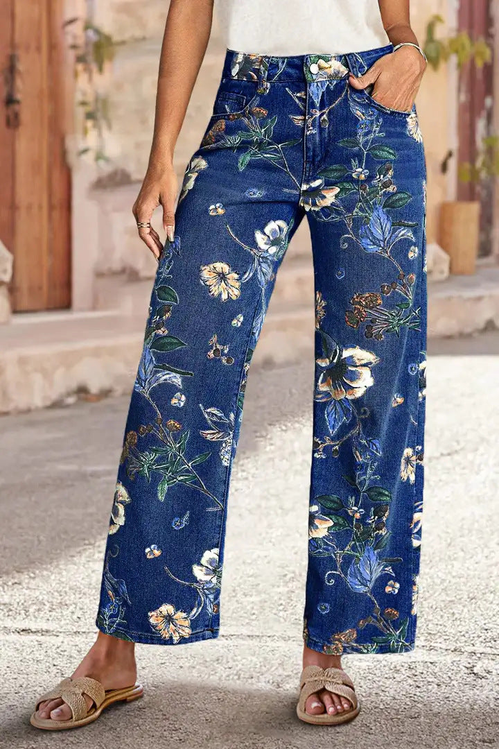 Blugi cu talie înaltă, croială dreaptă, cu imprimeu floral vintage