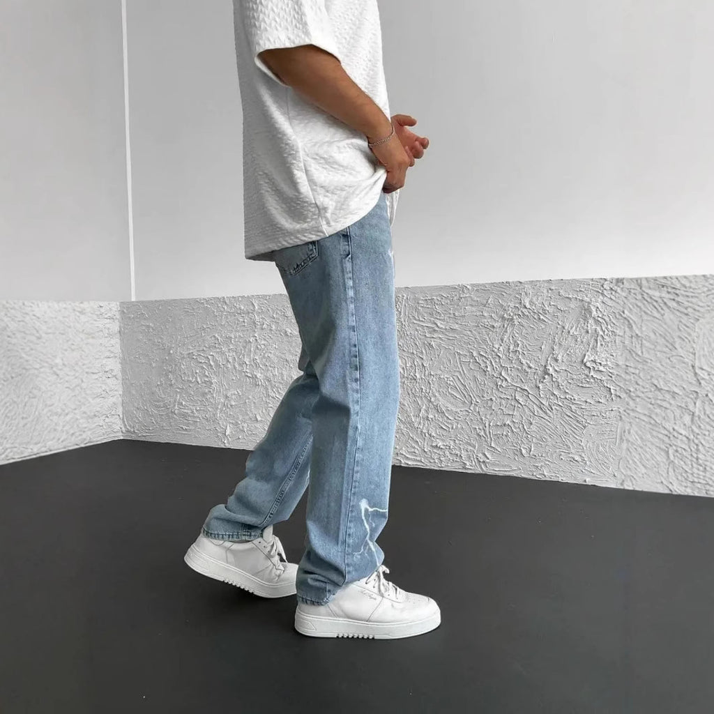 Men's Straight-leg Pants Printed Solid Color Loose Wide Leg Denim