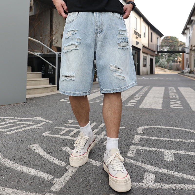 Pantaloni Scurți Blugi Ruptă Largă Casual Distressed