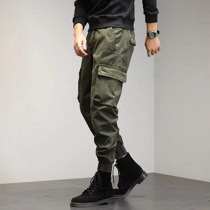 Pantaloni bărbați Cropped Tooling Primăvară și Toamnă, Lejeri Casual, cu manșetă la gleznă, cu multiple buzunare