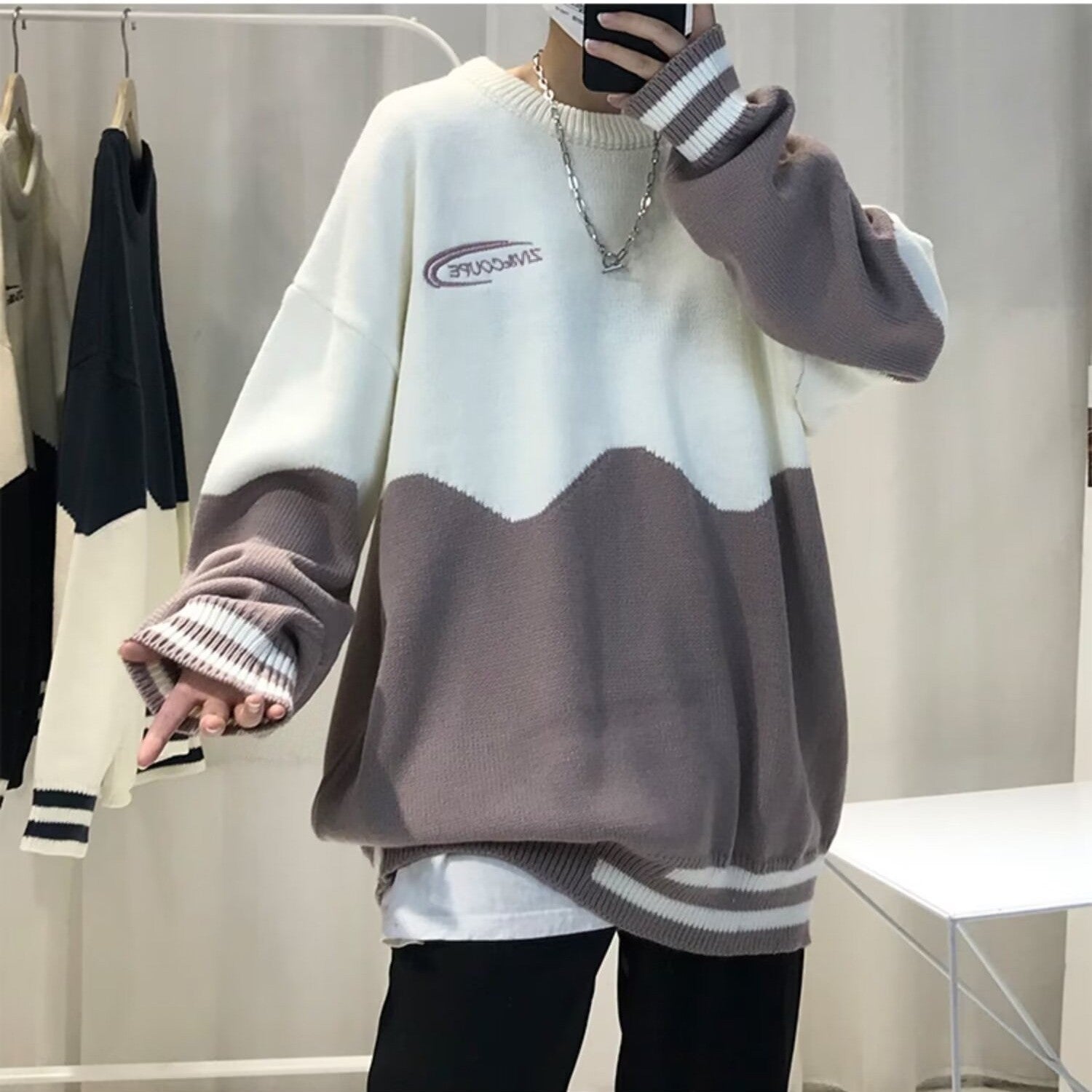 Pulover bărbați tip crewneck, color block, colecția toamnă-iarnă