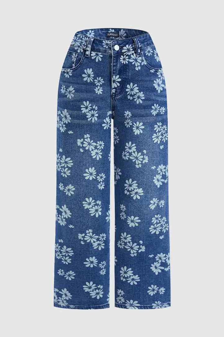 Blugi cu talie înaltă, croială dreaptă, cu imprimeu floral vintage