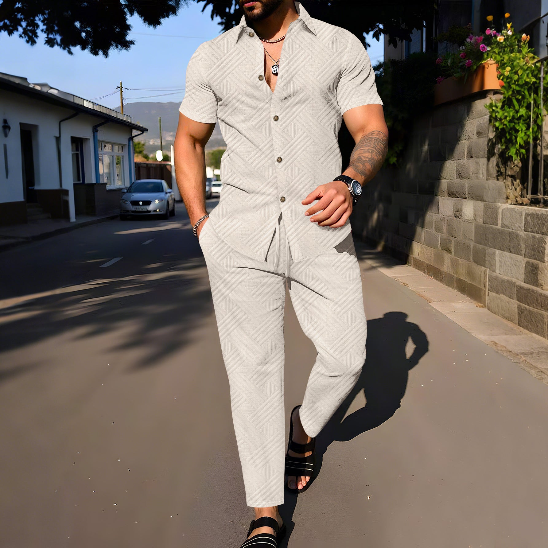 Costum bărbătesc de vară, uni, cu revere, din jacard