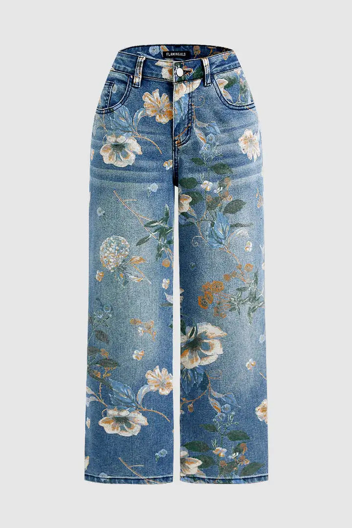 Blugi cu talie înaltă, croială dreaptă, cu imprimeu floral vintage