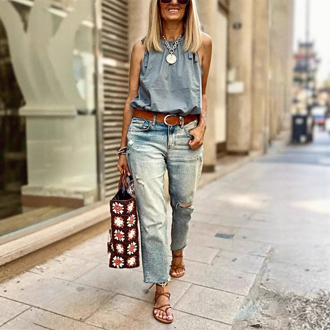 Women's Stretch Denim Loose Straight- Leg Wide-leg Pants