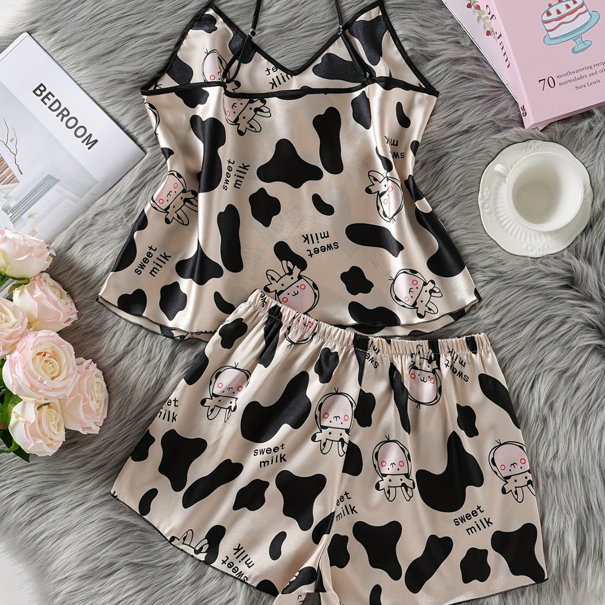 Womens Silk Cow Print Cozy Cool Home Jumpsuit Shorts Set