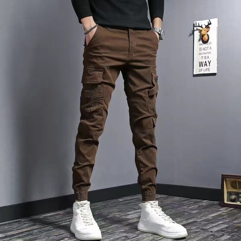 Pantaloni de lucru bărbați, slim fit, din denim elastic, casual, de culoare cafea