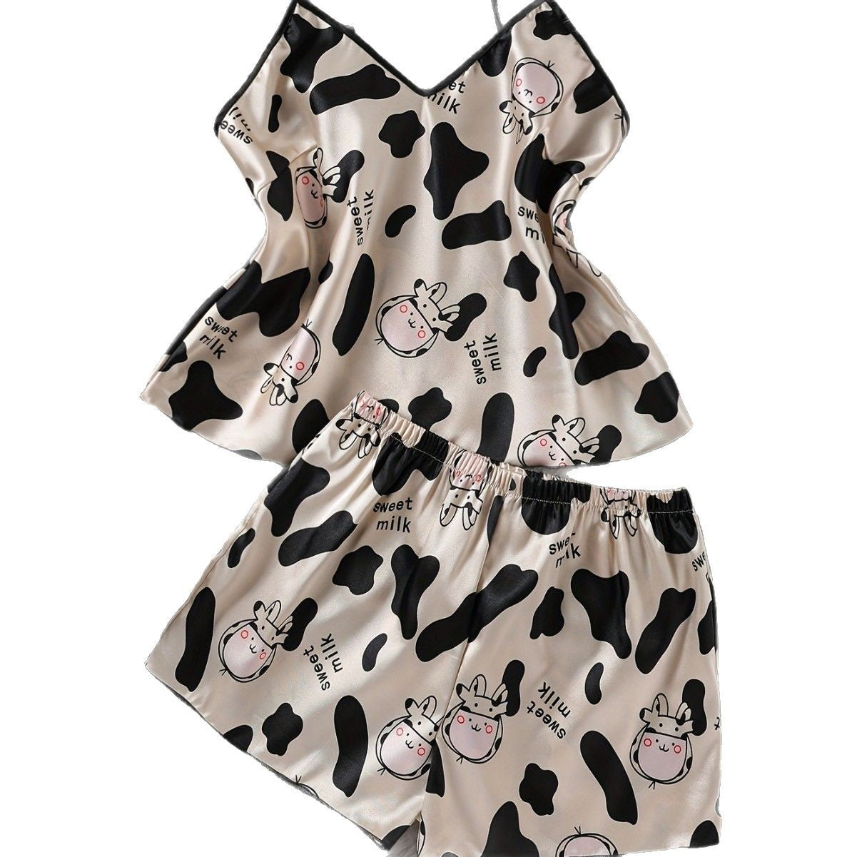 Womens Silk Cow Print Cozy Cool Home Jumpsuit Shorts Set