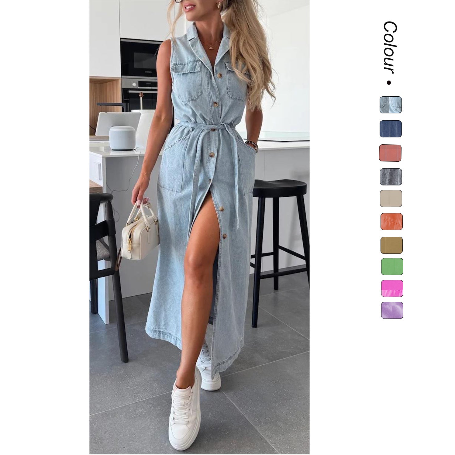 Rochie de blugi fără mâneci cu talie tip cordon