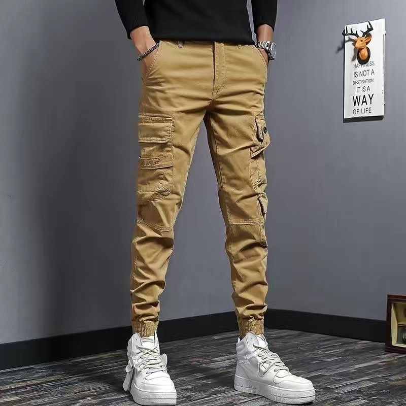 Pantaloni de lucru bărbați, slim fit, din denim elastic, casual, de culoare cafea